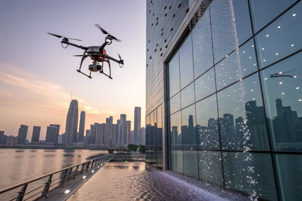 This image showcases the innovative 3U solution, which integrates intelligent drones, nanocoatings, and cleaning technology.