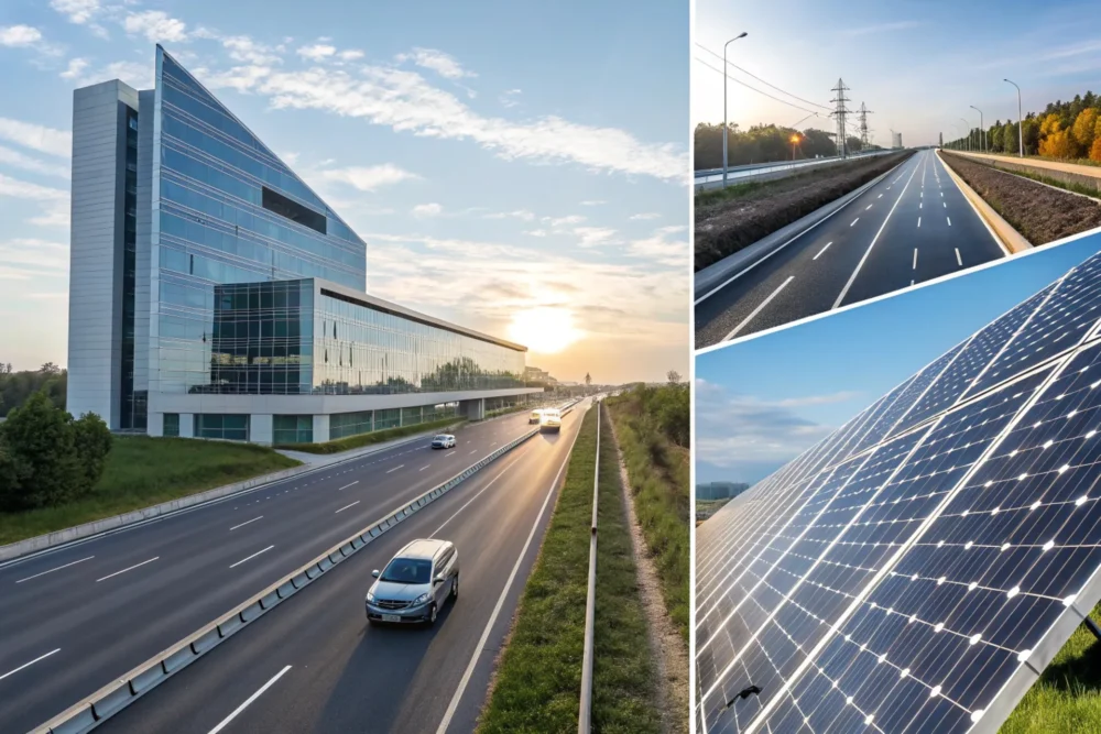 A dynamic montage of a modern building, a solar panel array, and a busy highway, all coated with a reflective white layer, glowing under sunlight with annotations highlighting cooling effects.
