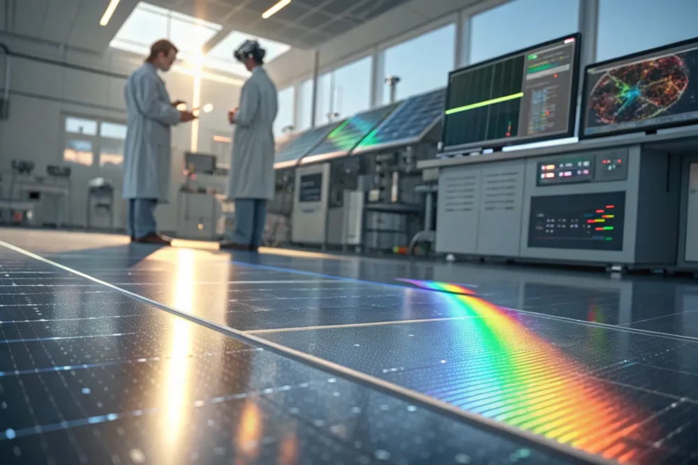A close-up of a high-tech coating surface with shimmering nanomaterials, reflecting sunlight in a rainbow-like sheen, set against a futuristic lab background with scientists analyzing data.
