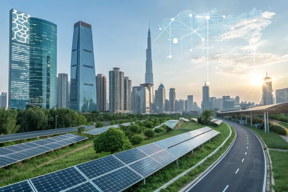 A visionary scene of a sustainable city with skyscrapers and roads coated in reflective materials, powered by solar energy, with holographic displays showing cooling data and market trends.