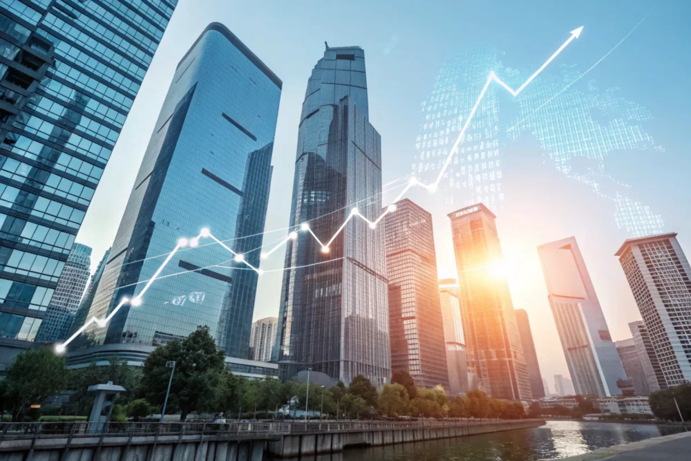 A futuristic cityscape with buildings coated in reflective materials, glowing under sunlight, with data charts and trend lines floating above, symbolizing innovation and market growth.