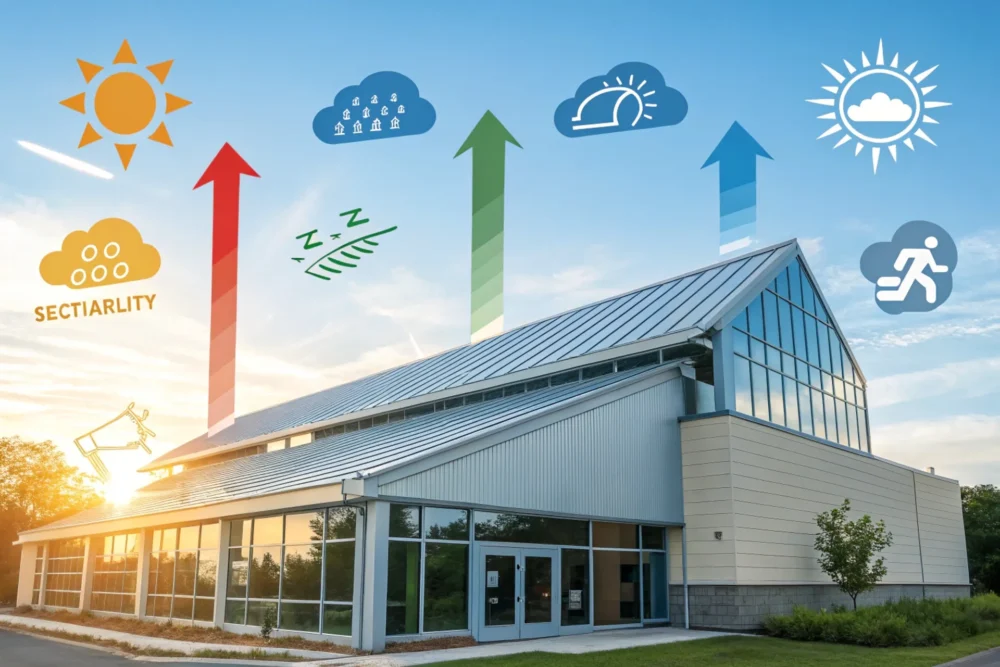 A vibrant infographic-style image showing a building with a cool, reflective roof, arrows depicting reflected sunlight and emitted heat, alongside icons of energy savings, durability, and sustainability.