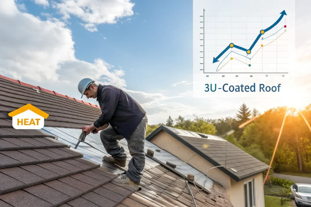 A  image showing a traditional roof cracking under heat versus a 3U-coated roof reflecting sunlight, with a cost-benefit graph overlay and a worker applying the coating.