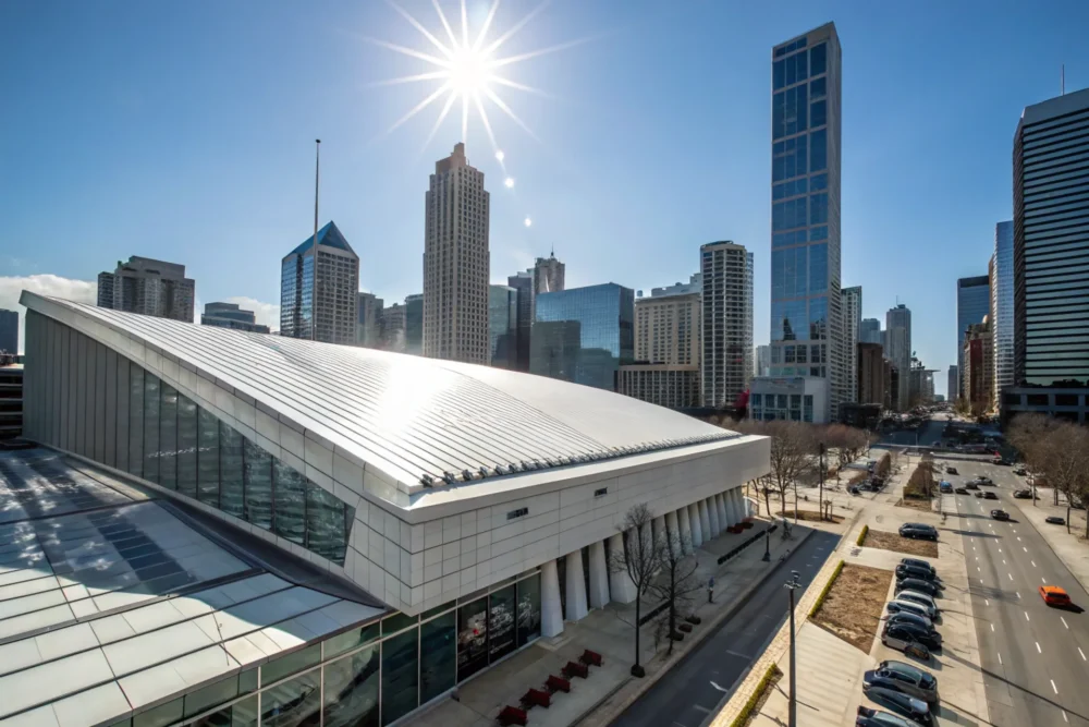A sleek modern building with a shimmering white roof under bright sunlight, reflecting heat waves into a clear blue sky, with a cityscape in the background