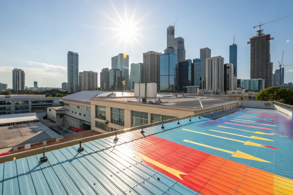 A vibrant rooftop with a shimmering 3U cooling coating under bright sunlight, reflecting rays with arrows showing heat radiating into space, modern cityscape background.