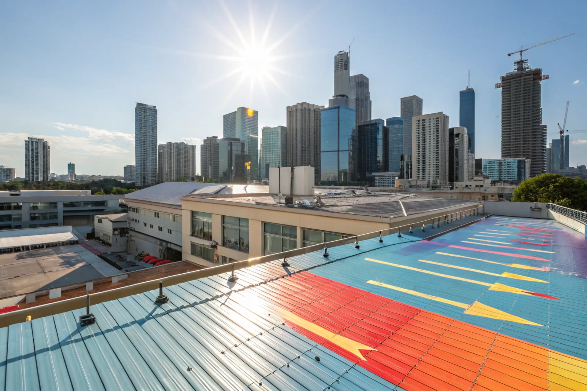 A vibrant rooftop with a shimmering 3U cooling coating under bright sunlight, reflecting rays with arrows showing heat radiating into space, modern cityscape background.