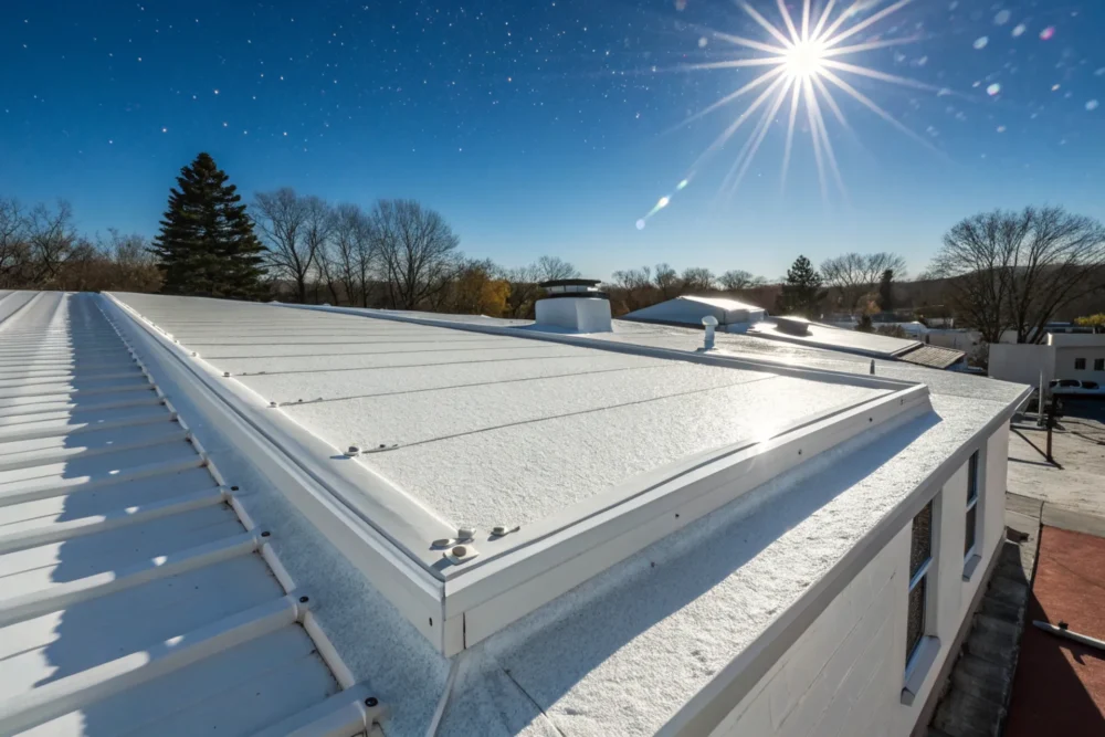 Split screen image: one side shows a hot roof with over-running air conditioning and a high bill; the other side shows a cool roof with 3U white cooling coating, smooth air conditioning and a low bill.
