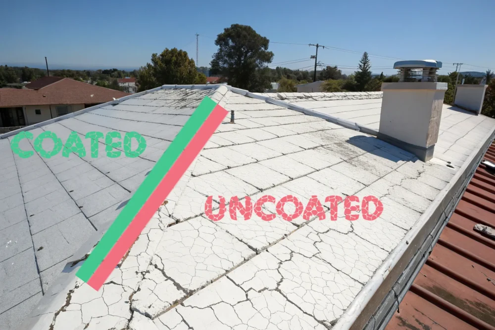 Split screen image: one side shows a hot roof with over-running air conditioning and a high bill; the other side shows a cool roof with 3U white cooling coating, smooth air conditioning and a low bill.