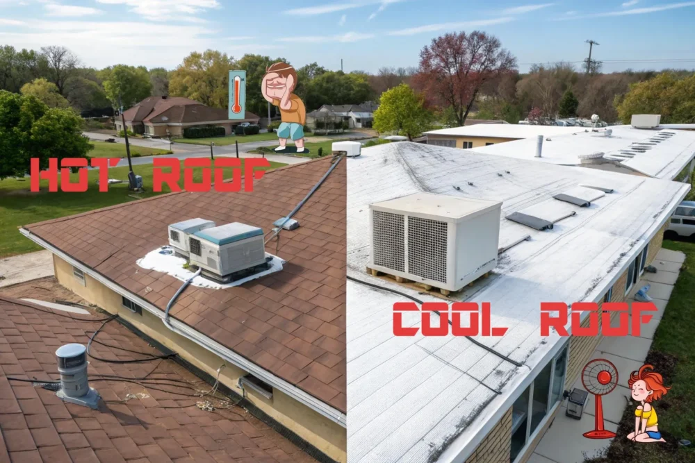 Split screen image: one side shows a hot roof with over-running air conditioning and a high bill; the other side shows a cool roof with 3U white cooling coating, smooth air conditioning and a low bill.
