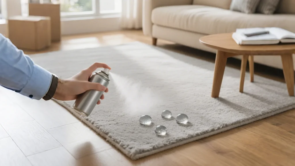 A pair of hands applying a superhydrophobic coating spray to a carpet, demonstrating the product's application effect on household textiles and highlighting its water-repellent function.