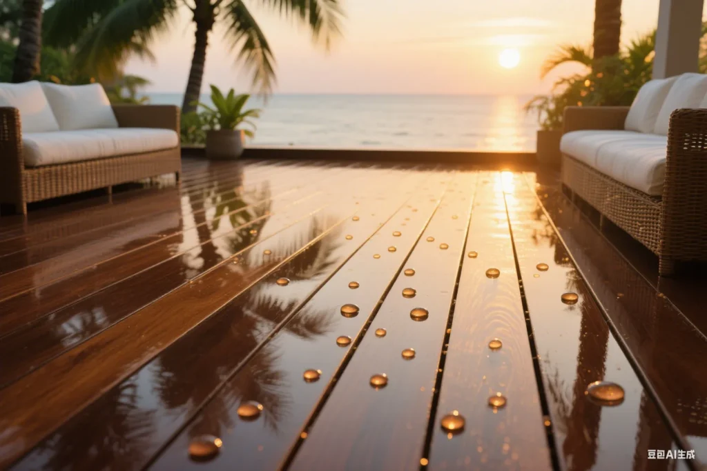 Wooden floor with nano coating for wood shows water - beading and non - penetration.