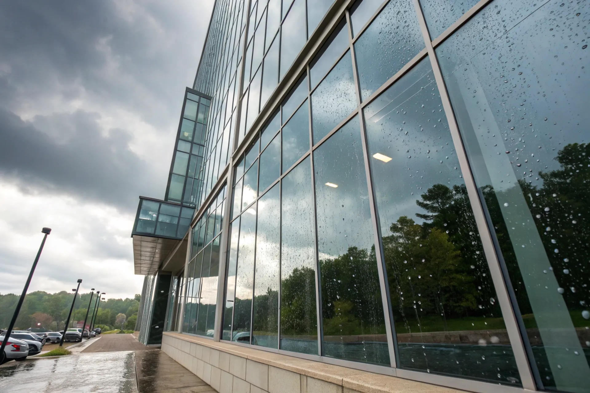 A modern high-rise building with a gleaming super-hydrophilic coating curtain wall, with rain washing away the dirt to reveal clean glass
