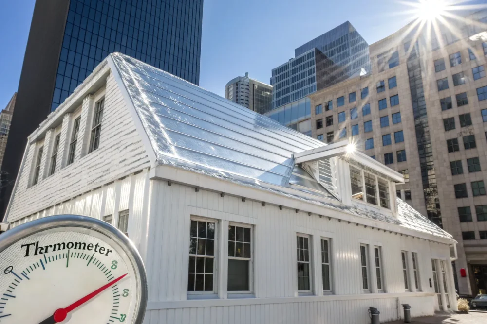 A close-up of a modern urban building with a shiny white cool paint coating on its roof and walls, reflecting intense sunlight, with a thermometer showing a cooler temperature.