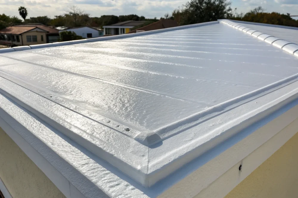 Close-up of a 3U-coated roof in sunlight.