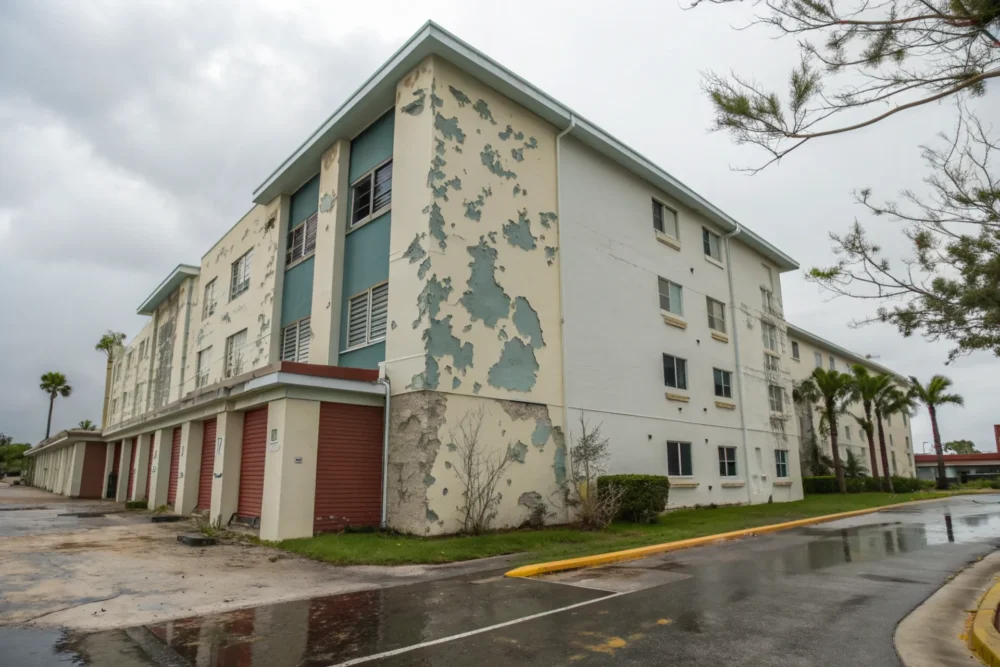 A Florida building with 3U coating after a hurricane, no peeling, contrasted with peeled regular paint, wind and rain effects.