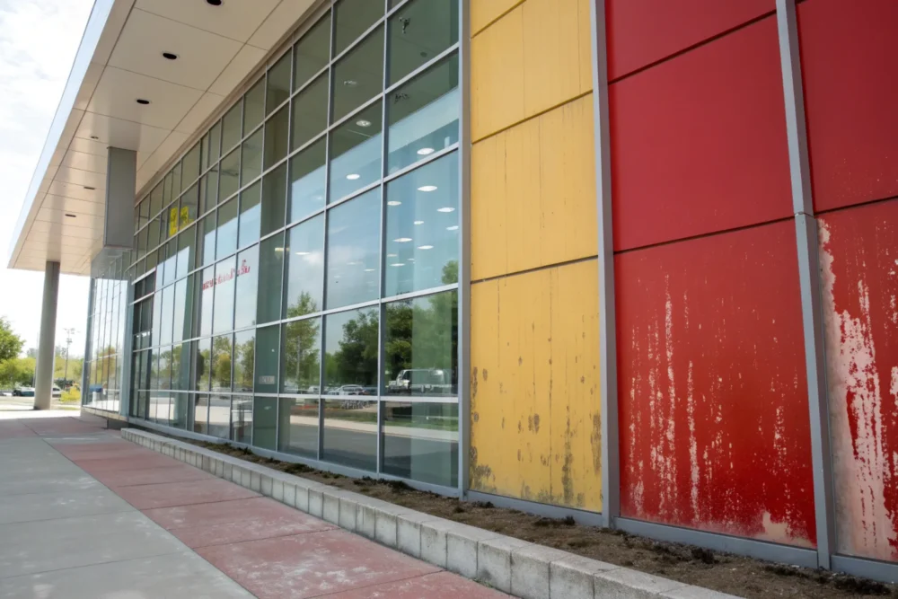A glass facade with a peeling, faded cheap nano coating, contrasted with a vibrant 3U-coated section, showing dirt repellency and clarity under sunlight