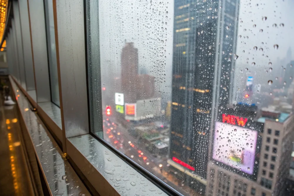 A high-rise with 3U nano-coated glass during rain, water sheeting off dirt, contrasted with dirty uncoated glass, vibrant monsoon backdrop.