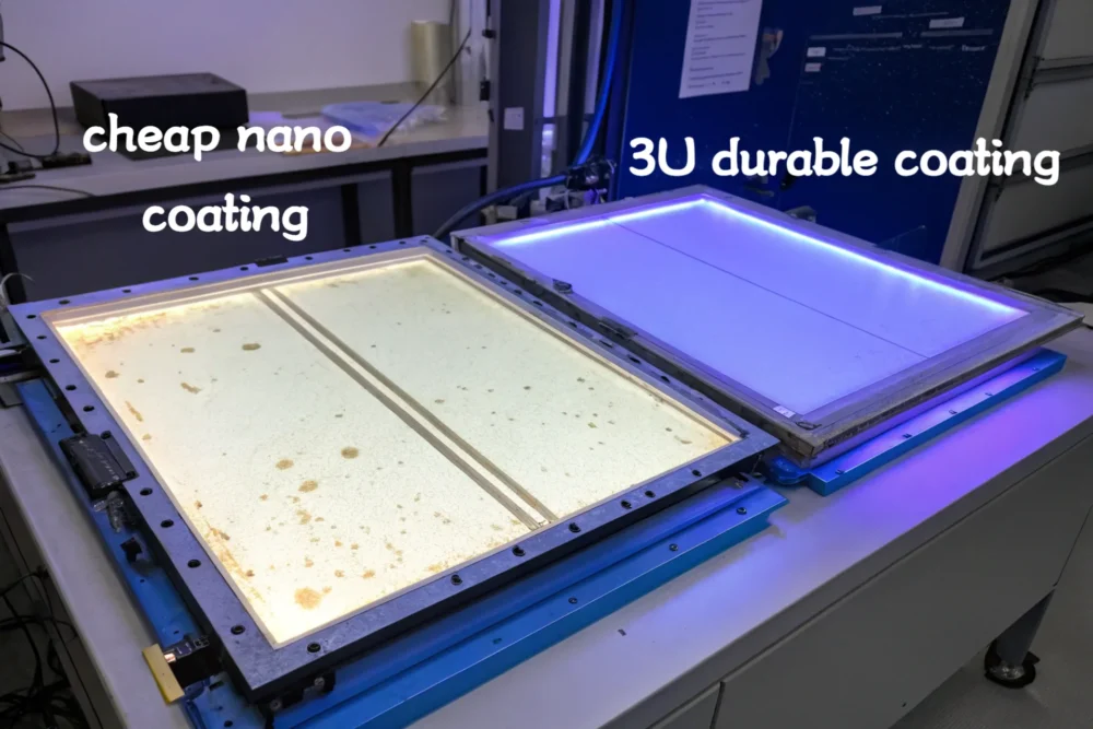 A lab setup with a faded, peeling cheap nano coating under UV light, contrasted with a durable 3U-coated panel, showing vibrant clarity and no degradation.