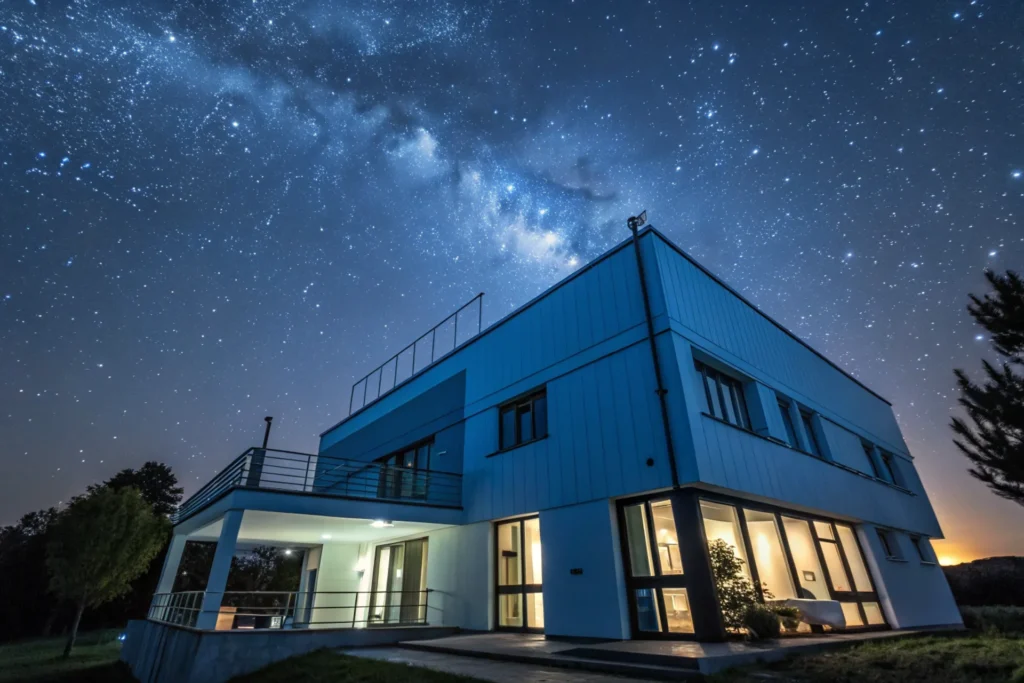 A modern building with a cool blue coating emitting heat waves to a starry space sky, energy-efficient design in cool tones.