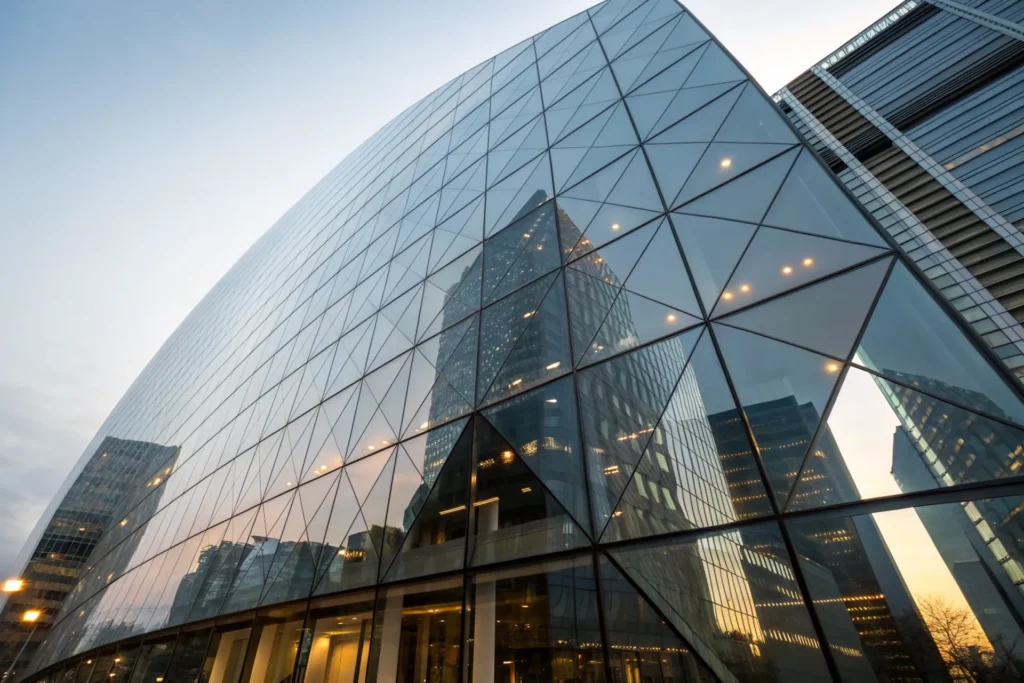 A sleek building with a shimmering 3U nano-coated glass surface