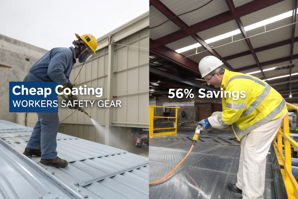  A split-screen image: one side shows frequent reapplication of cheap coating with high costs, the other a single 3U coating application with a 56% savings graph.