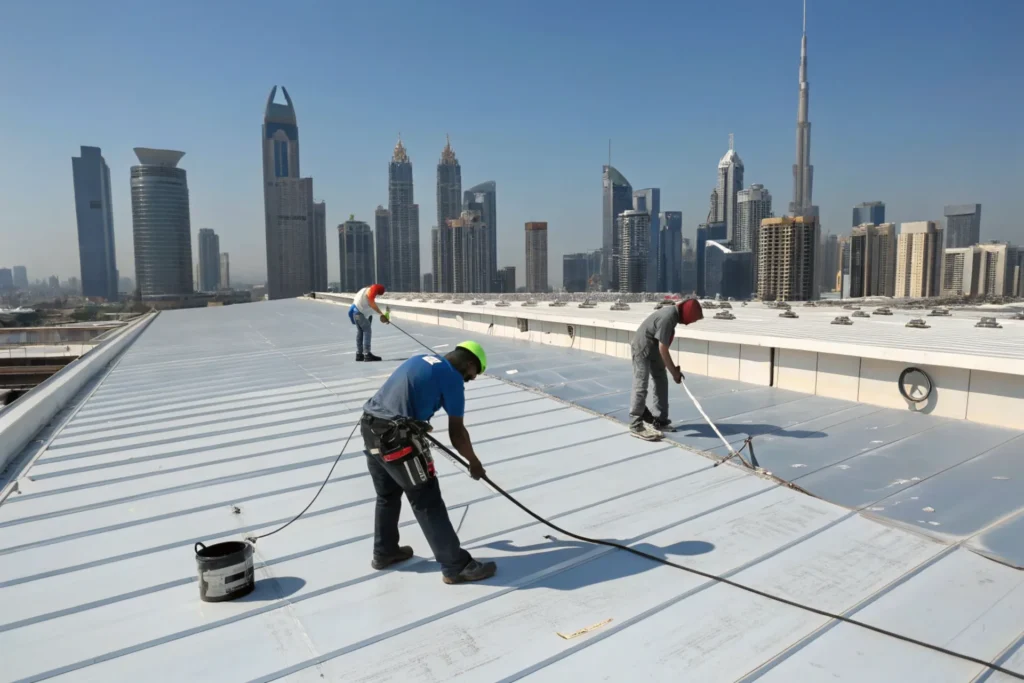 Workers applying 3U coating to a Dubai skyscraper roof