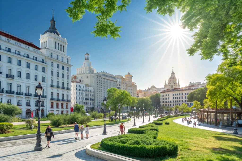 A vibrant cityscape of a European city under a scorching sun, with buildings and streets coated in bright white cool paint, reflecting sunlight, surrounded by green parks, with a clear blue sky