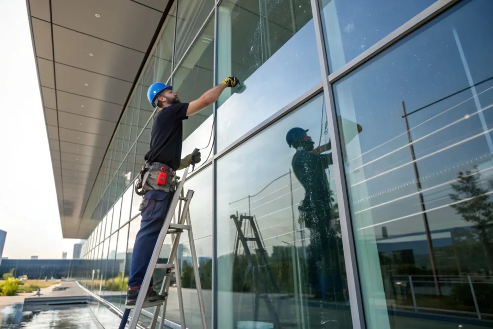 A worker applying  nano coating in three layers, durable glass facade backdrop.
