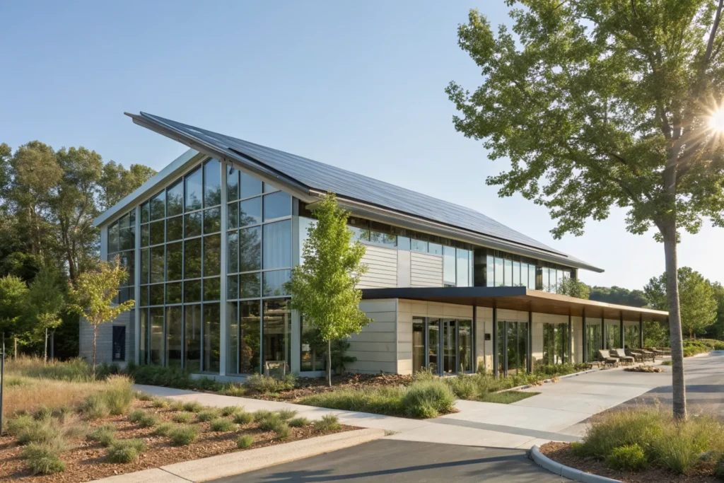 Anti-cooling coating applied to a modern sustainable building roof reducing urban heat island effect and saving energy