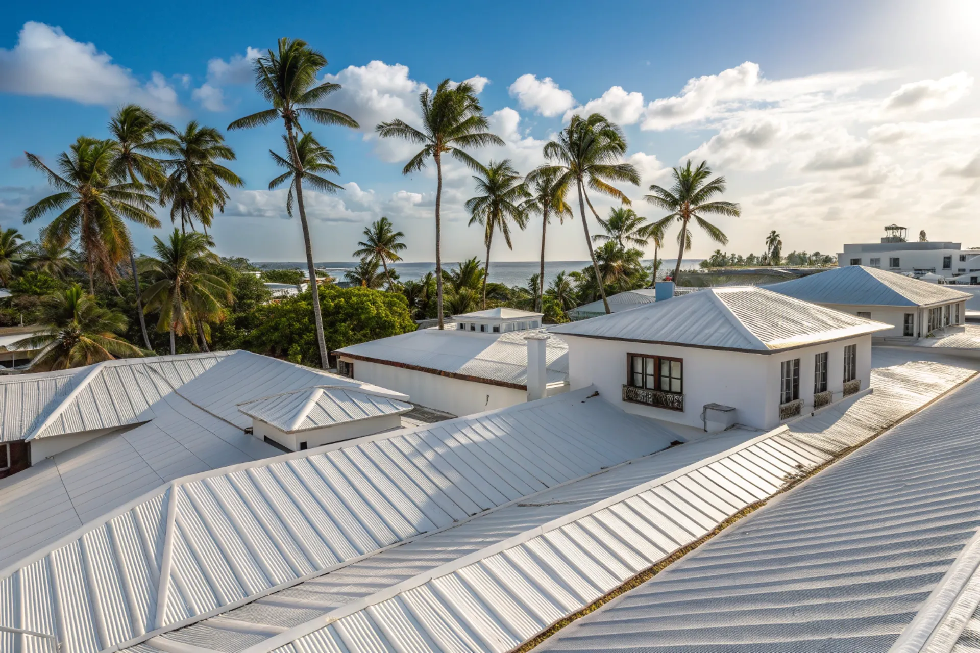 Background of a'hi Southeast Asian tropical city rooftops, white cooling coating reflects sunlight on the building rooftops, with vibrant palm trees in the background.