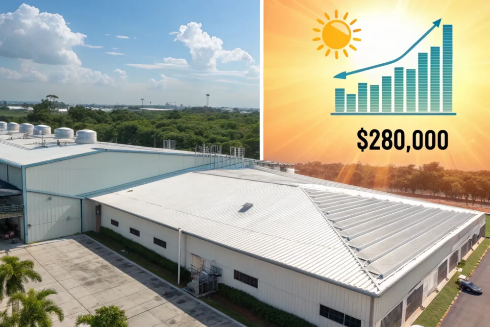 A white cooling-coated roof at a factory in Vietnam under the scorching sun, and the image on the right shows a chart showing savings of $280,000.