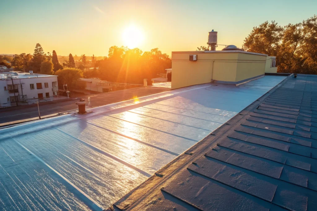 Under strong sunlight, a building surface coated with a passive cooling coating shows a 25°C drop in temperature on a digital thermometer.
