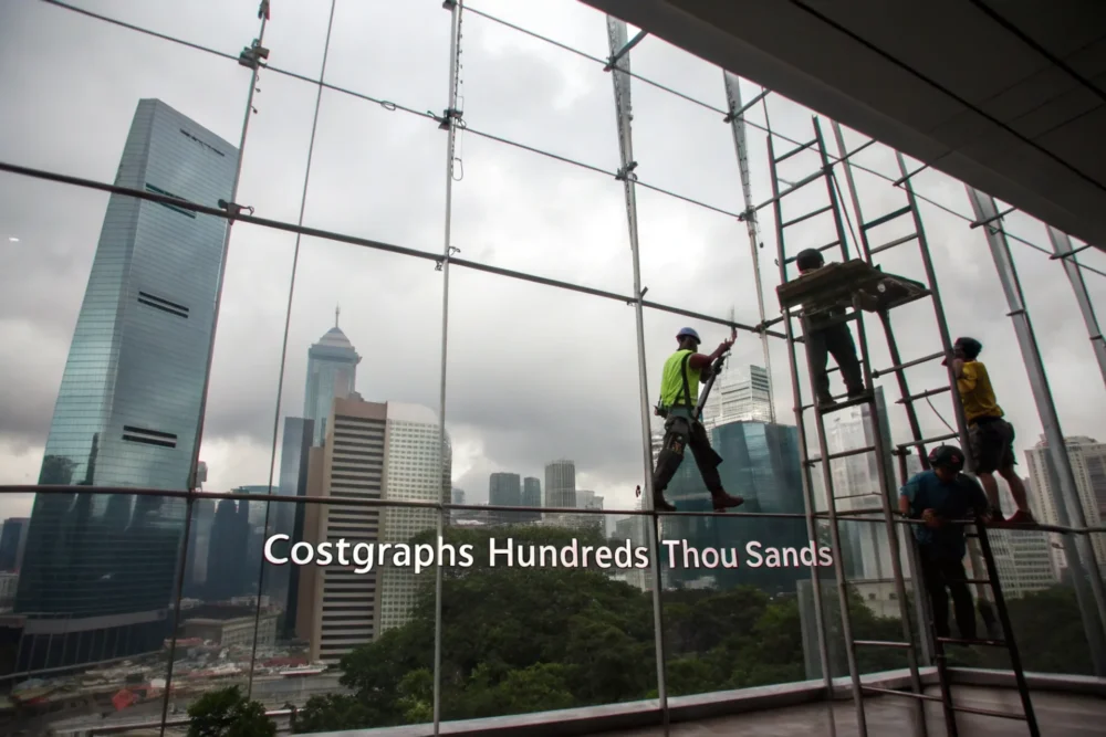 Workers on scaffolds cleaning a dirty high-rise curtain wall, with cost graphs showing hundreds of thousands in waste, cloudy urban skyline.