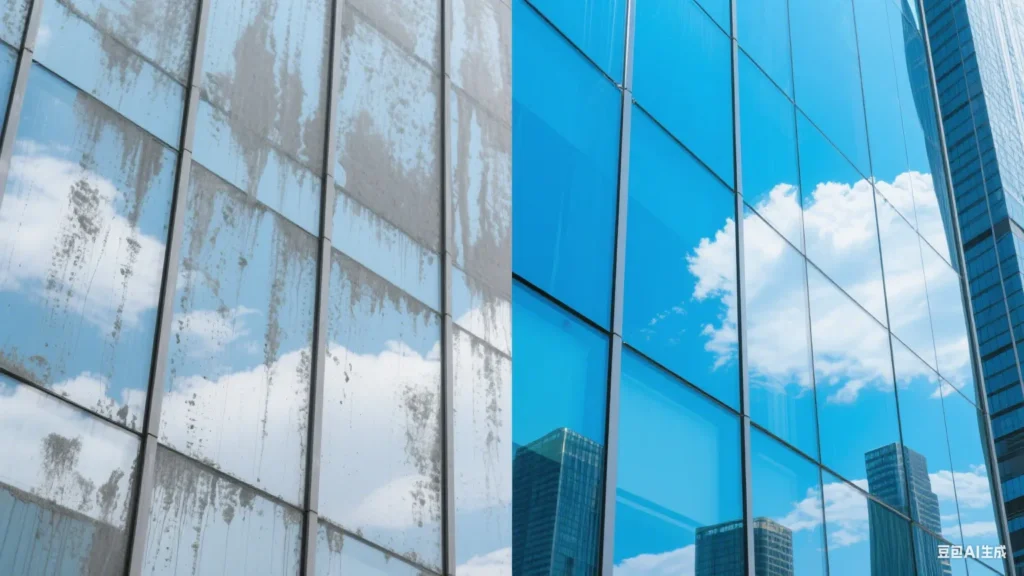 A side-by-side comparison image of a building curtain wall: The left side shows the state without a hydrophobic coating, where dust has accumulated. The right side demonstrates the clean and transparent effect after application.