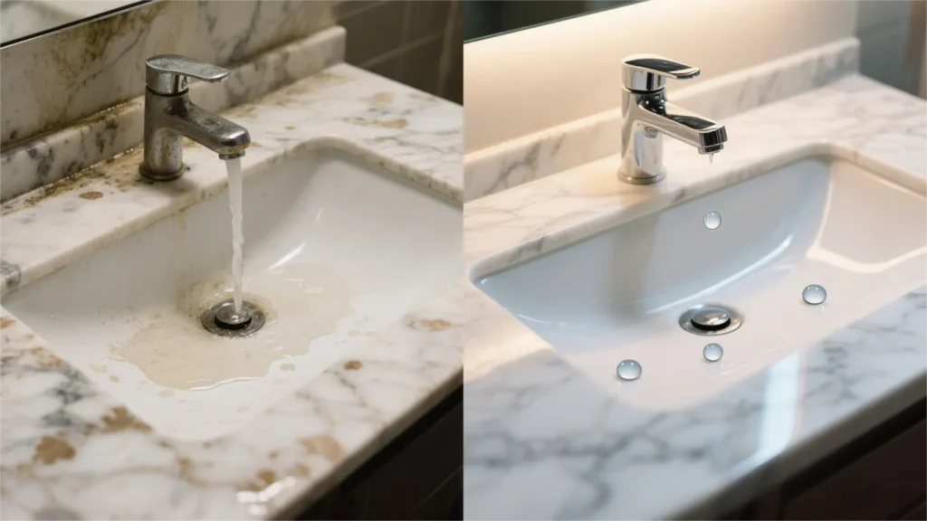 Comparison of superhydrophobic stone nano - coating effect: left - unprocessed sink with water stains, right - processed sink with rolling water droplets, showing waterproof & anti - fouling function