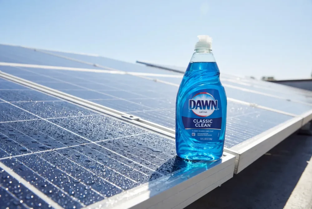 dawn dish soap bottle next to solar panel cleaning