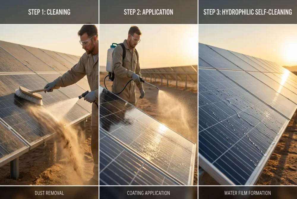 Step-by-step guide image for applying self-cleaning coating on solar panels