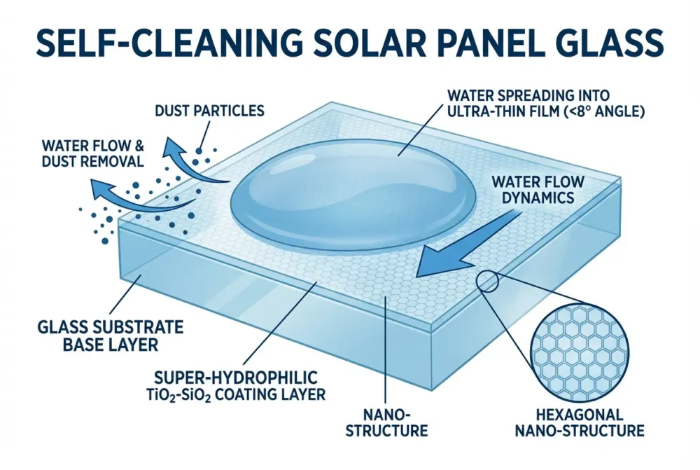 Hydrophilic coating mechanism on desert solar panels