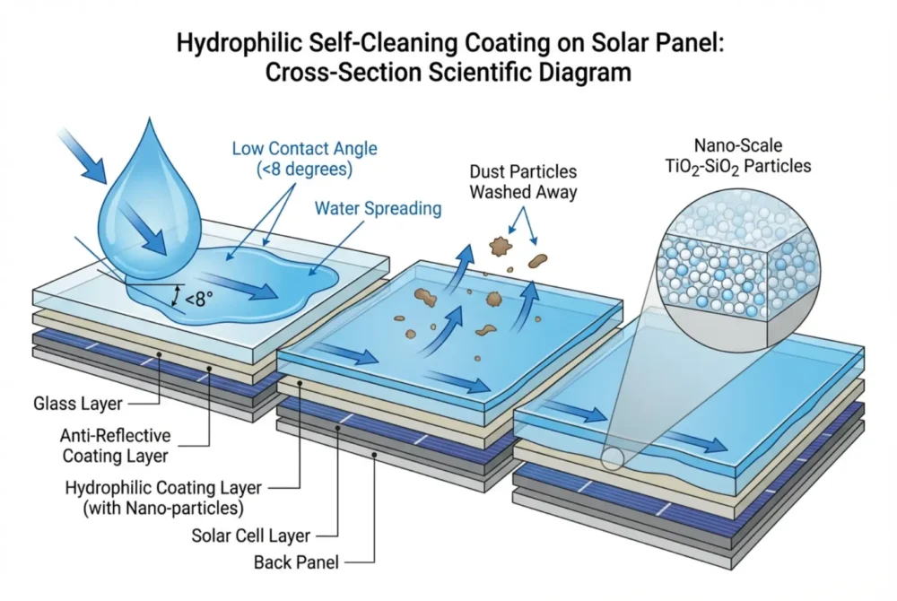 Diagram of self-cleaning coating mechanism on solar panels
