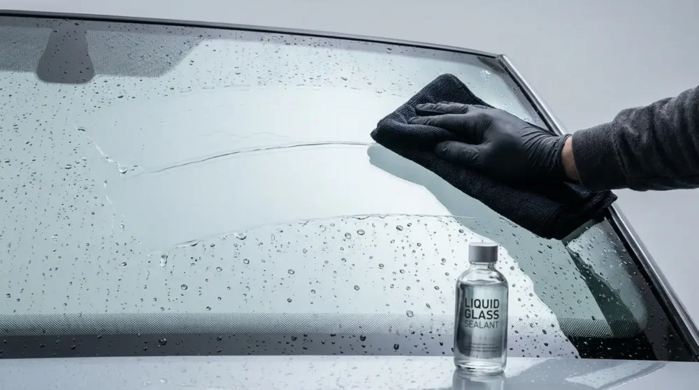 Hand applying cleaner to windshield with microfiber cloth