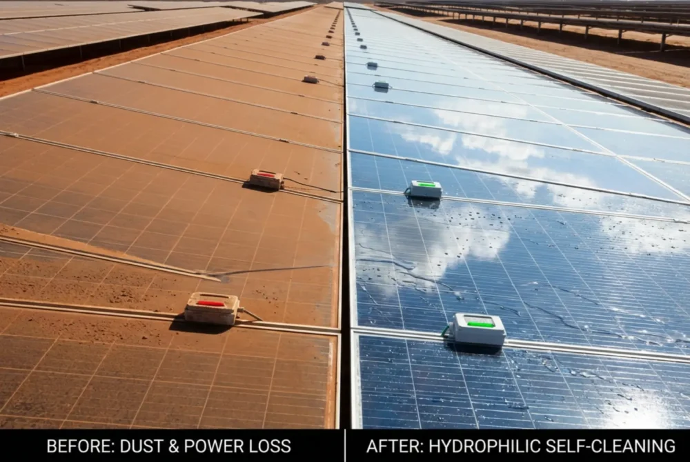 Solar panel dust accumulation before and after self-cleaning coating