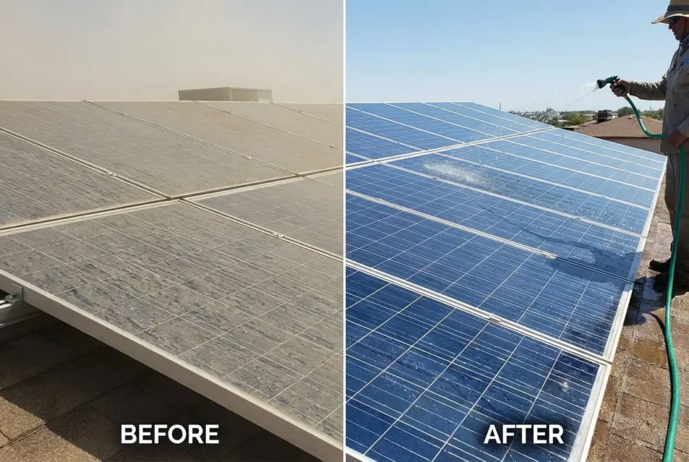 hosing off dusty solar panels