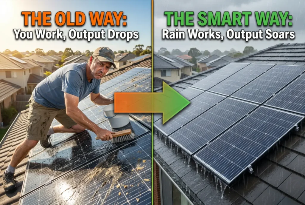 Comparison: manual scrubbing left, self-cleaning coated panel in rain right