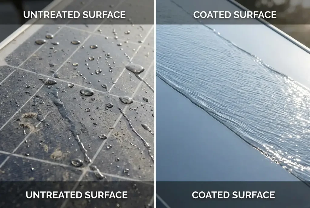 Water beads up on glass (left), sheets off on hydrophilic coating (right), carrying dust