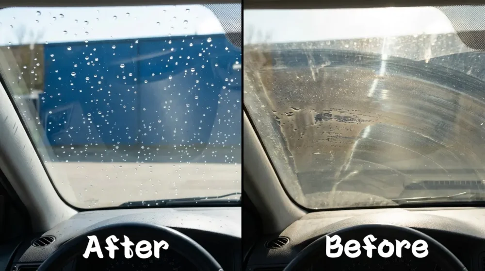 Clean vs. oily car windshield contrast after city driving