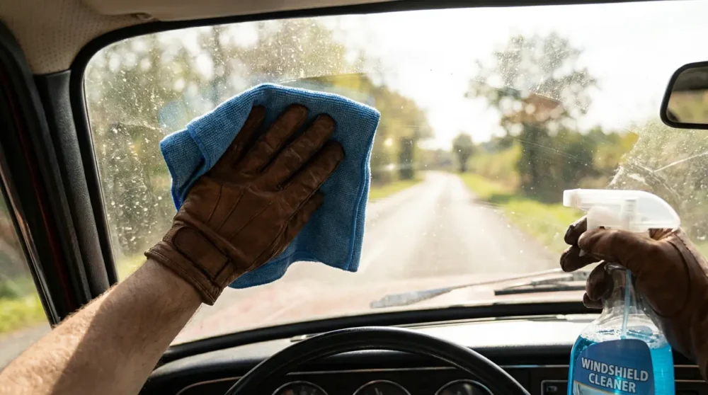Person cleaning car windshield with spray