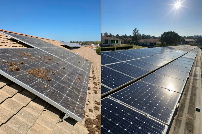 solar panels covered in dust vs clean panels comparison
