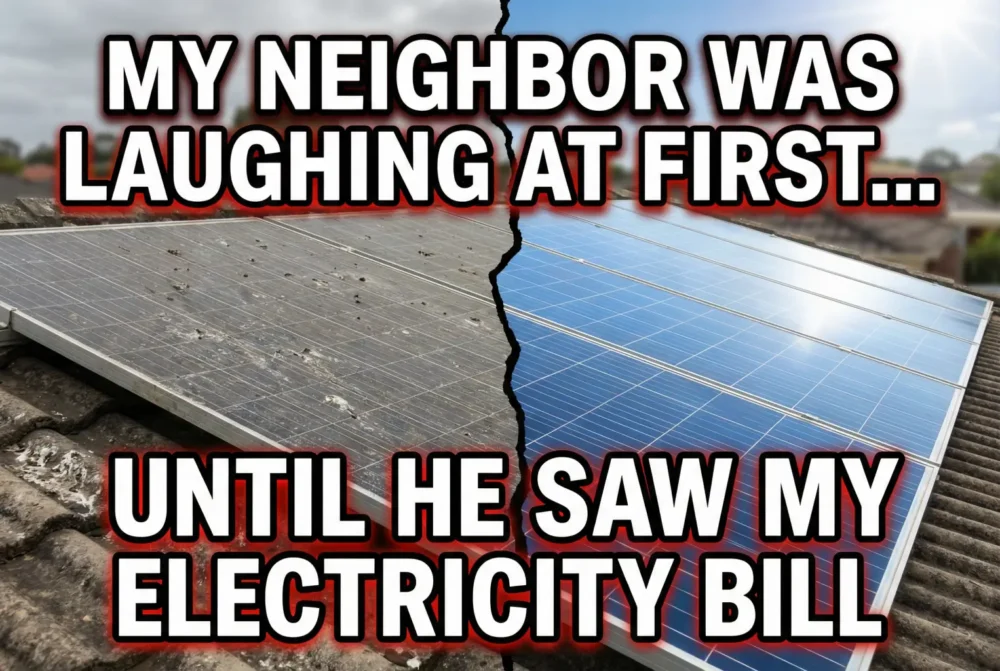 Viral-style side-by-side photo of rooftop solar panels: left half completely covered in heavy dust, bird droppings and grime; right half perfectly clean and reflecting sunlight. Giant blockbuster text overlay reads: "My Neighbor Laughed… Until He Saw My Electric Bill"