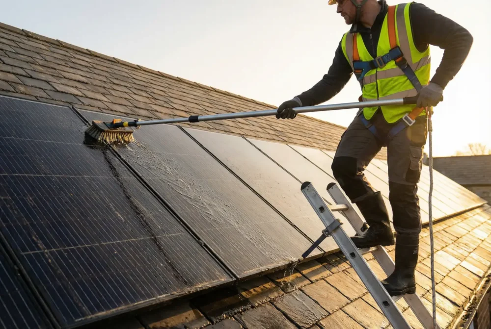 person safely cleaning solar panels with hose and soft brush
