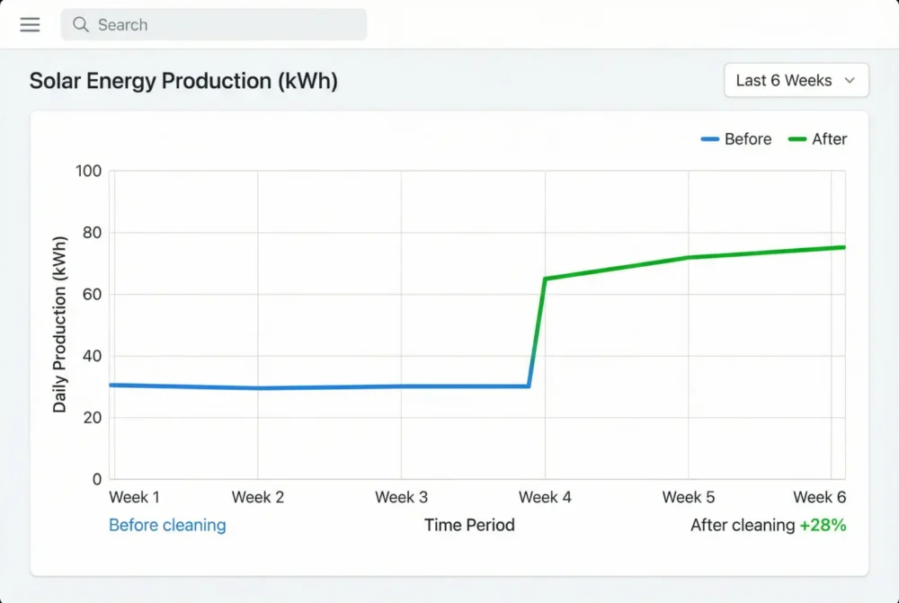 before and after cleaning solar production graph